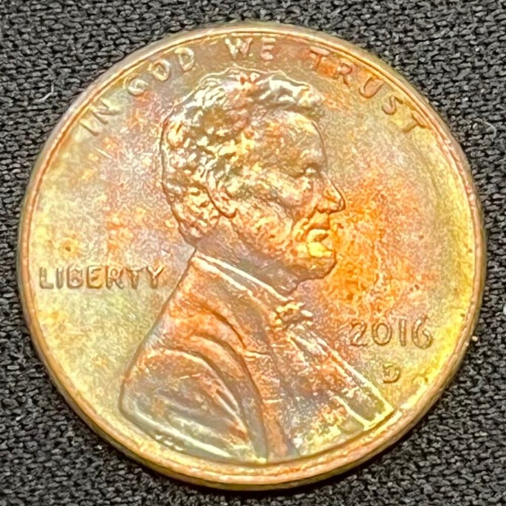 Lincoln Penny 1 Cent Coin 2016-D Synthesized Golden Toning Handmade Dyed #43
